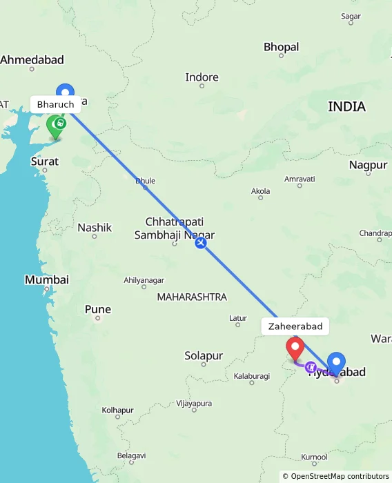 Route map showing distance and travel time from Bharuch, India to Zaheerabad, India