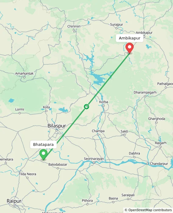 Route map showing distance and travel time from Bhatapara, India to Ambikapur, India