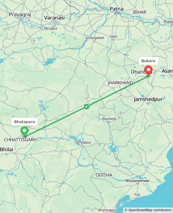 Route map showing distance and travel time from Bhatapara, India to Bokaro, India