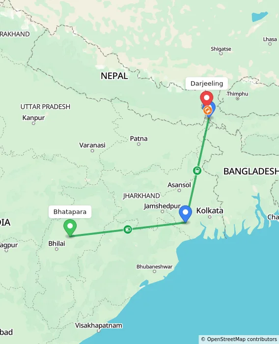 Route map showing distance and travel time from Bhatapara, India to Darjeeling, India