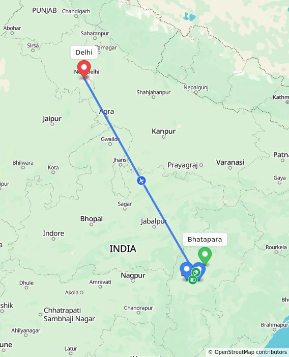Route map showing distance and travel time from Bhatapara, India to Delhi, India