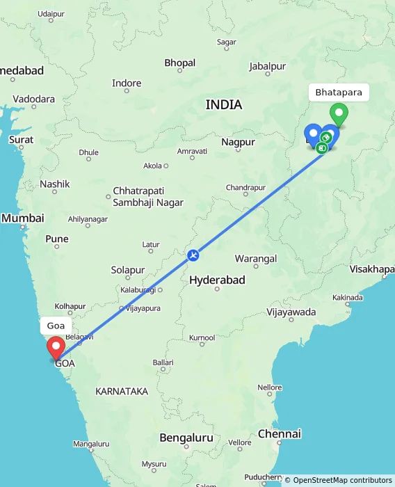 Route map showing distance and travel time from Bhatapara, India to Goa, India