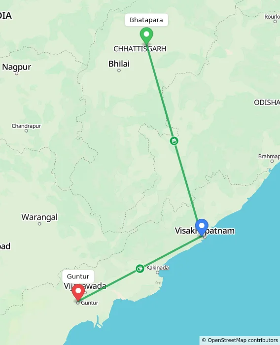 Route map showing distance and travel time from Bhatapara, India to Guntur, India