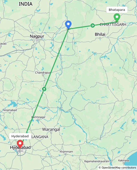 Route map showing distance and travel time from Bhatapara, India to Hyderabad, India