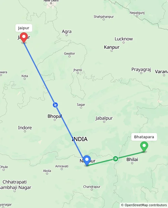 Route map showing distance and travel time from Bhatapara, India to Jaipur, India