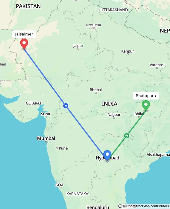 Route map showing distance and travel time from Bhatapara, India to Jaisalmer, India