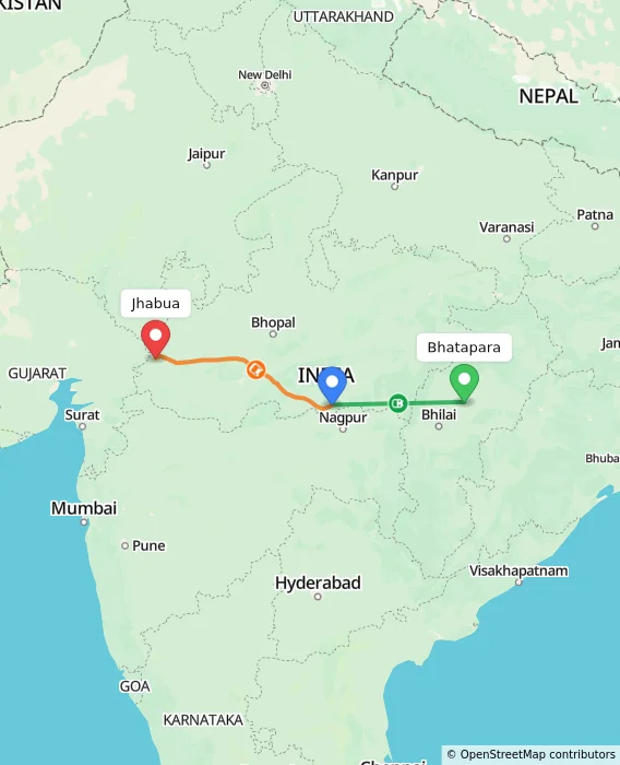 Route map showing distance and travel time from Bhatapara, India to Jhabua, India