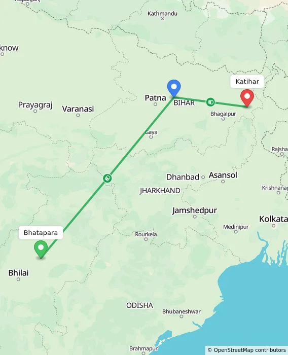 Route map showing distance and travel time from Bhatapara, India to Katihar, India