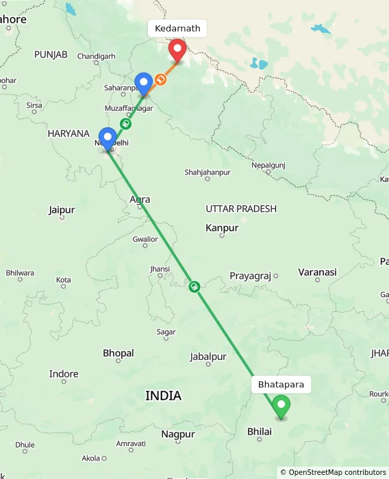 Route map showing distance and travel time from Bhatapara, India to Kedarnath, India