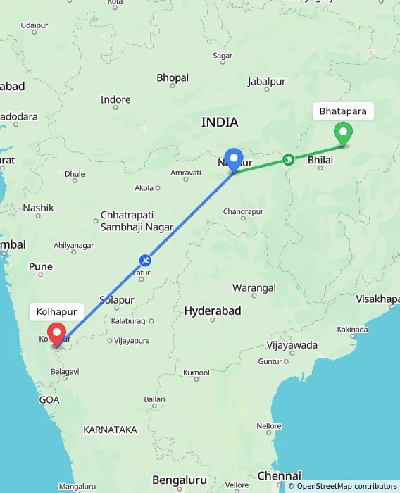Route map showing distance and travel time from Bhatapara, India to Kolhapur, India