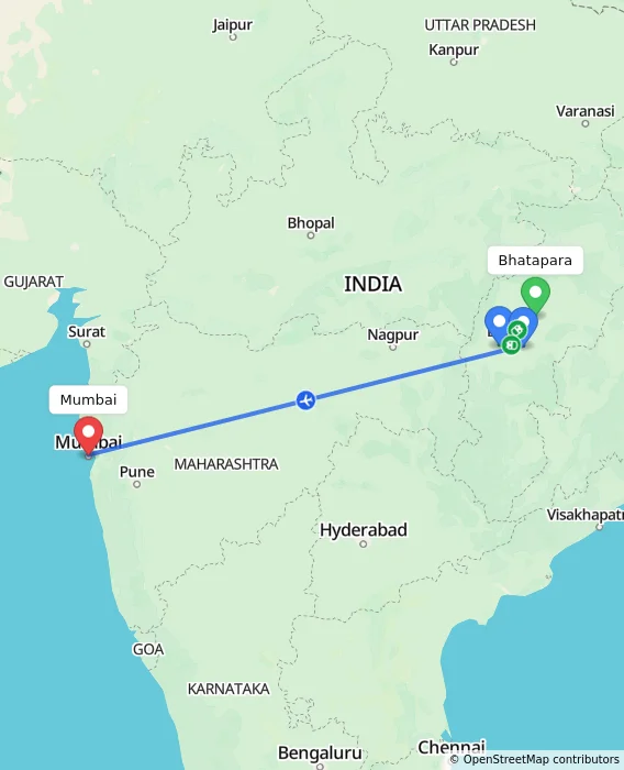 Route map showing distance and travel time from Bhatapara, India to Mumbai, India
