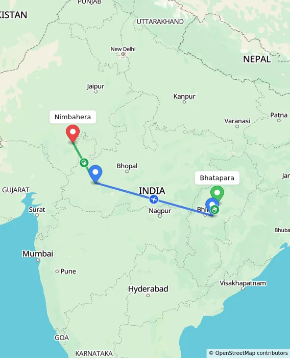 Route map showing distance and travel time from Bhatapara, India to Nimbahera, India