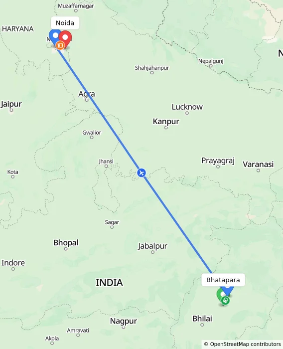Route map showing distance and travel time from Bhatapara, India to Noida, India
