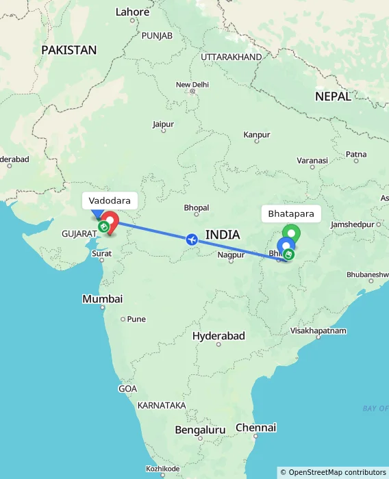 Route map showing distance and travel time from Bhatapara, India to Vadodara, India