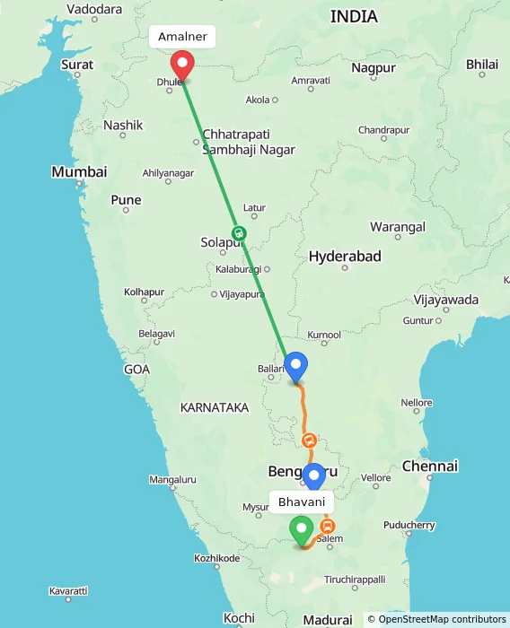 Route map showing distance and travel time from Bhavani, India to Amalner, India