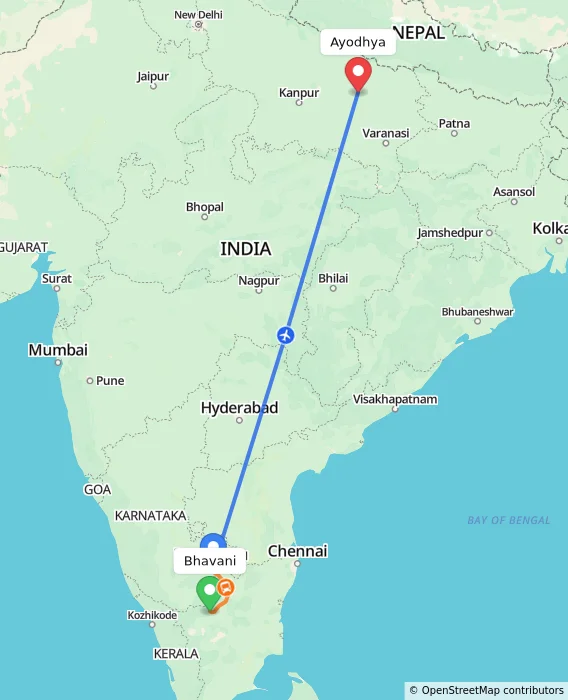Route map showing distance and travel time from Bhavani, India to Ayodhya, India
