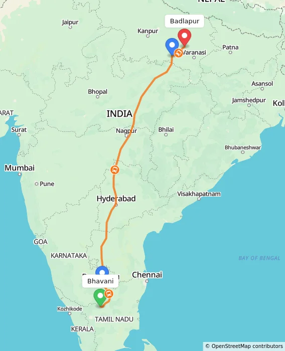 Route map showing distance and travel time from Bhavani, India to Badlapur, India
