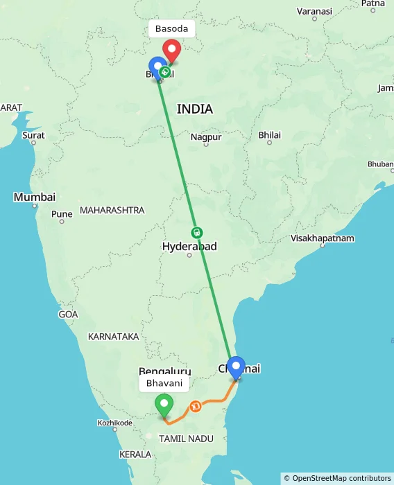 Route map showing distance and travel time from Bhavani, India to Basoda, India