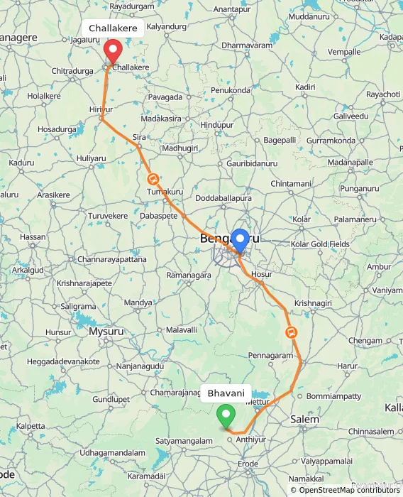 Route map showing distance and travel time from Bhavani, India to Challakere, India