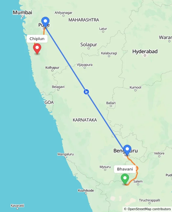 Route map showing distance and travel time from Bhavani, India to Chiplun, India