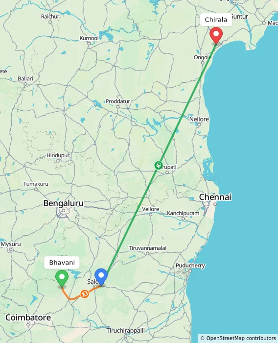 Route map showing distance and travel time from Bhavani, India to Chirala, India