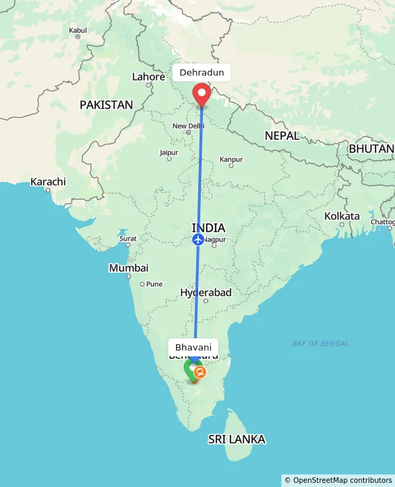 Route map showing distance and travel time from Bhavani, India to Dehradun, India