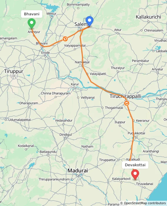 Route map showing distance and travel time from Bhavani, India to Devakottai, India