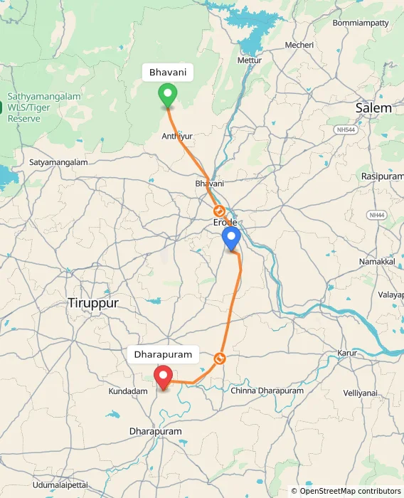 Route map showing distance and travel time from Bhavani, India to Dharapuram, India
