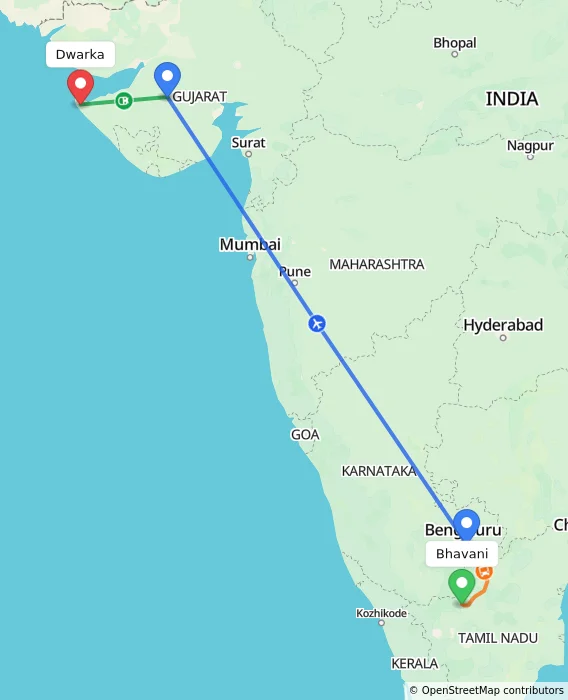 Route map showing distance and travel time from Bhavani, India to Dwarka, India