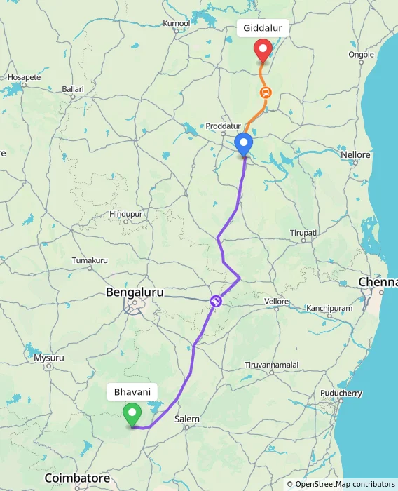 Route map showing distance and travel time from Bhavani, India to Giddalur, India