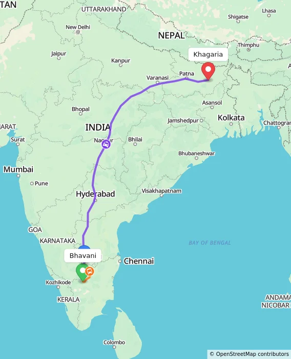 Route map showing distance and travel time from Bhavani, India to Khagaria, India