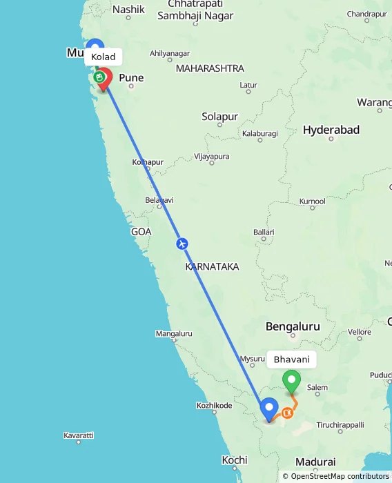 Route map showing distance and travel time from Bhavani, India to Kolad, India