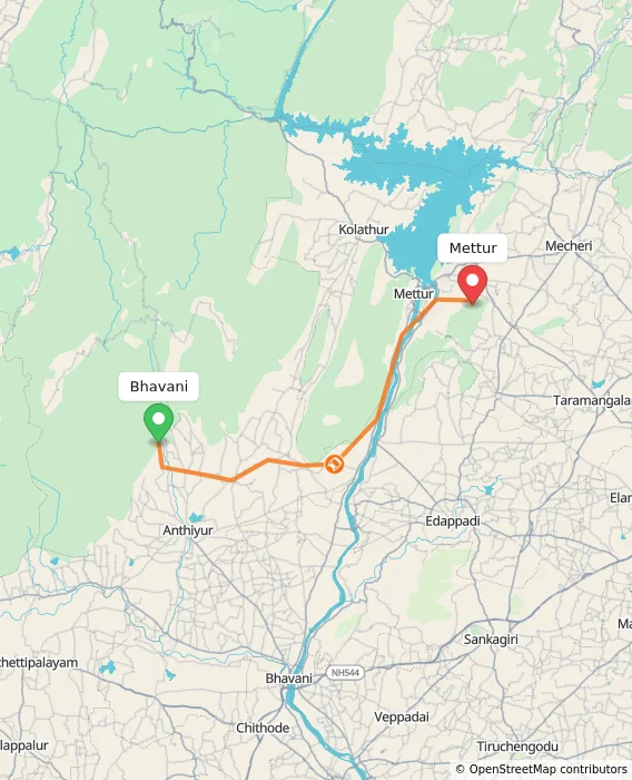 Route map showing distance and travel time from Bhavani, India to Mettur, India
