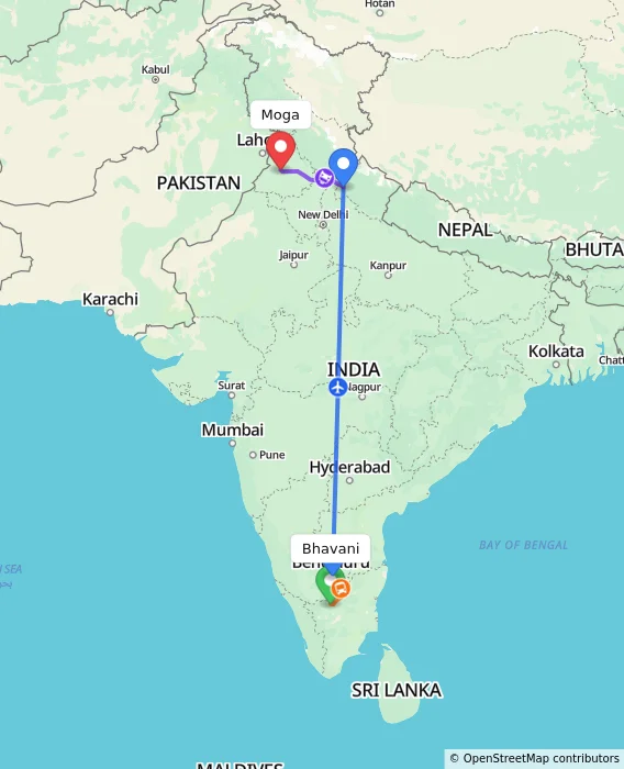 Route map showing distance and travel time from Bhavani, India to Moga, India
