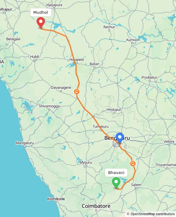 Route map showing distance and travel time from Bhavani, India to Mudhol, India