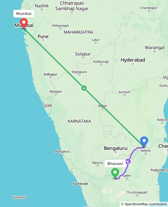 Route map showing distance and travel time from Bhavani, India to Mumbai, India