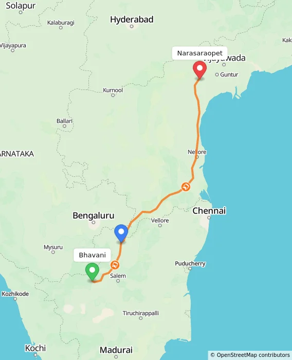 Route map showing distance and travel time from Bhavani, India to Narasaraopet, India