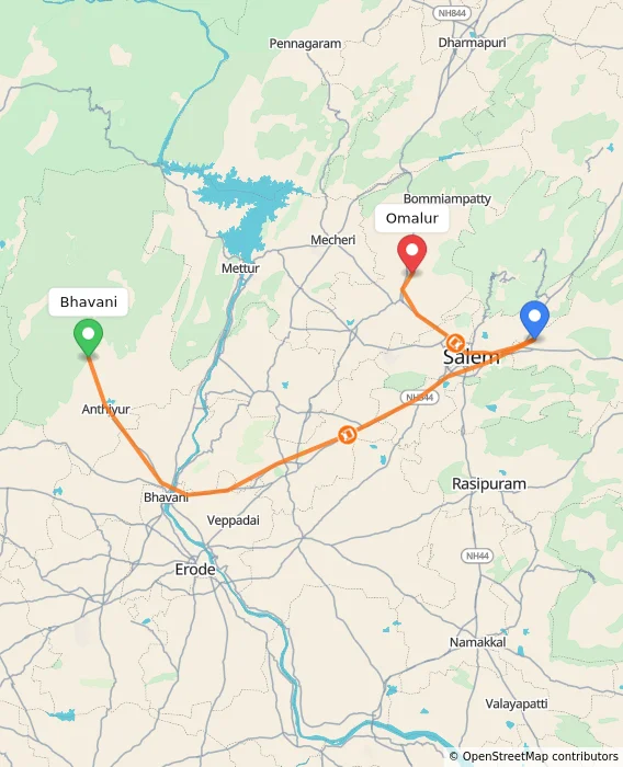 Route map showing distance and travel time from Bhavani, India to Omalur, India