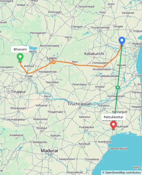 Route map showing distance and travel time from Bhavani, India to Pattukkottai, India