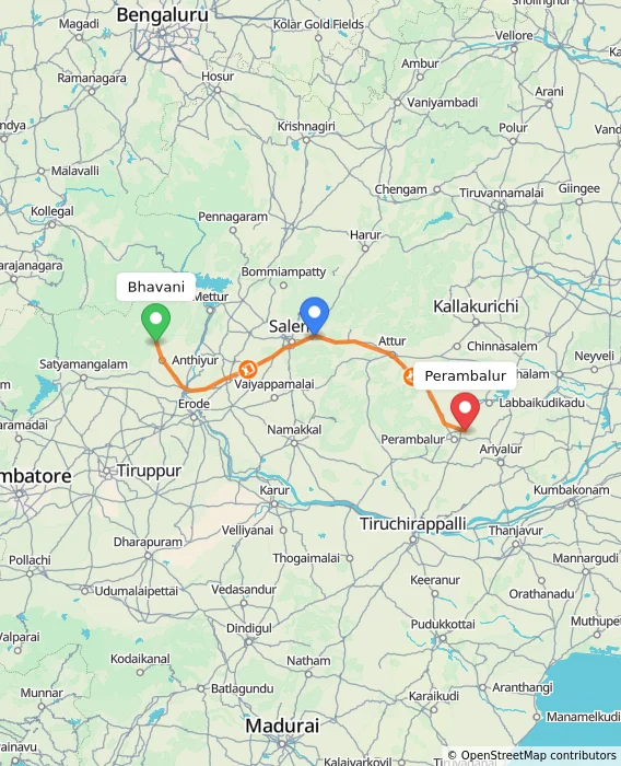 Route map showing distance and travel time from Bhavani, India to Perambalur, India