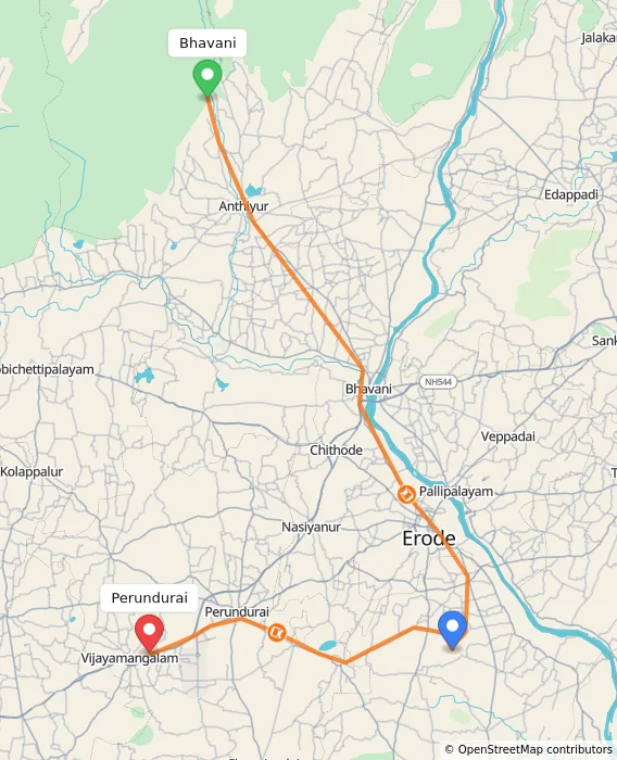 Route map showing distance and travel time from Bhavani, India to Perundurai, India