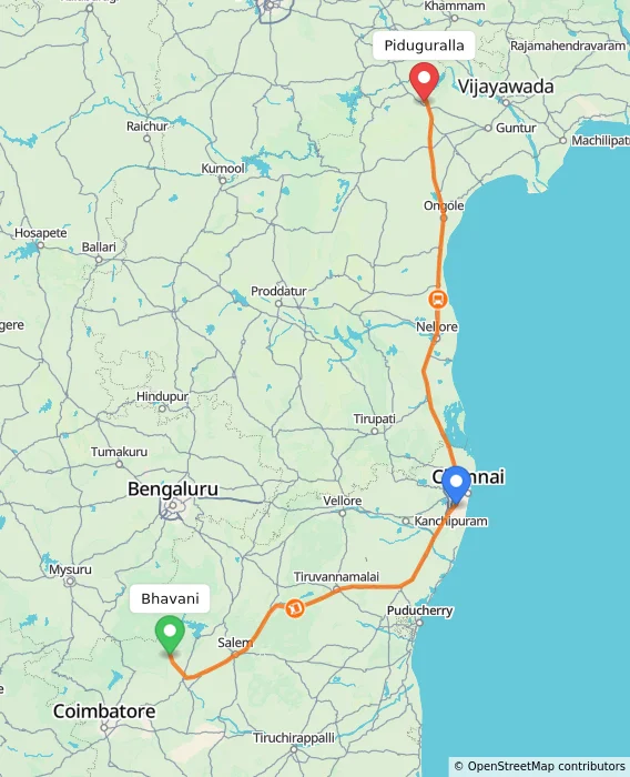 Route map showing distance and travel time from Bhavani, India to Piduguralla, India