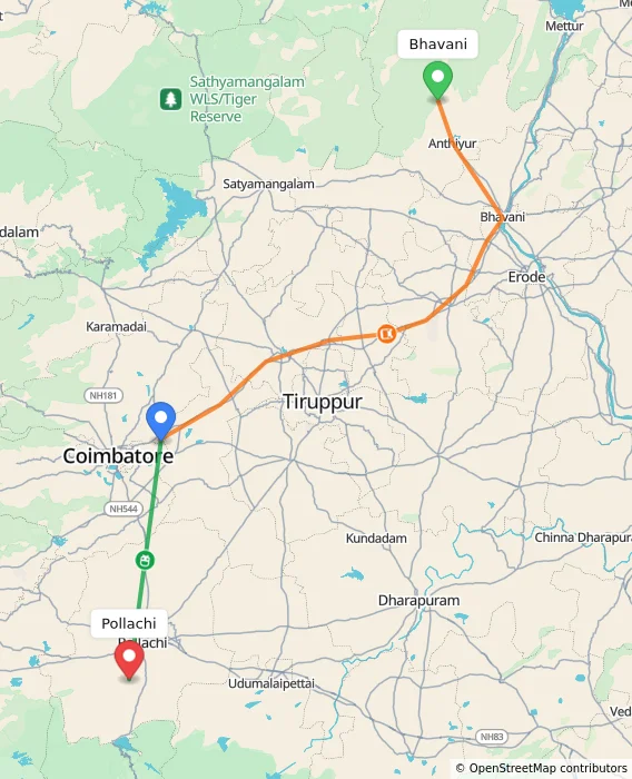 Route map showing distance and travel time from Bhavani, India to Pollachi, India