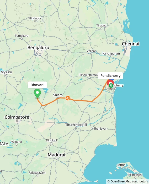 Route map showing distance and travel time from Bhavani, India to Puducherry, India