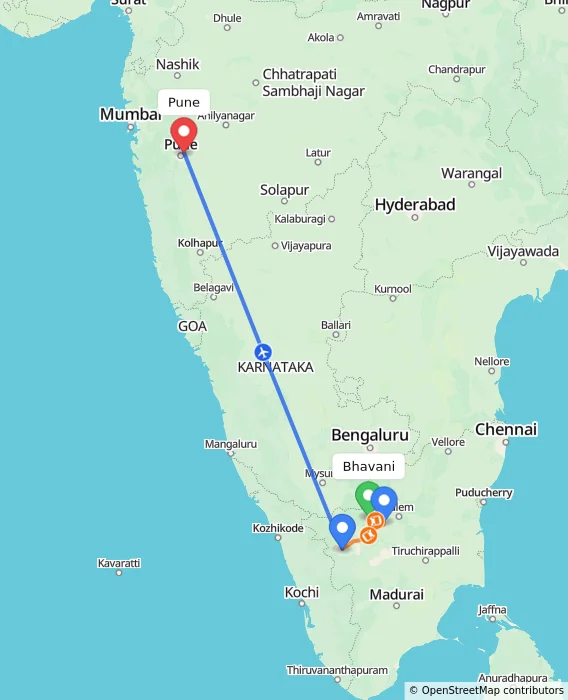 Route map showing distance and travel time from Bhavani, India to Pune, India