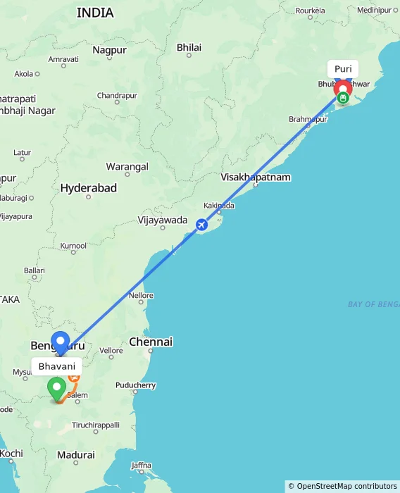 Route map showing distance and travel time from Bhavani, India to Puri, India