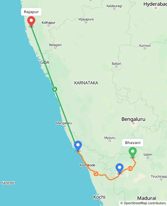 Route map showing distance and travel time from Bhavani, India to Rajapur, India