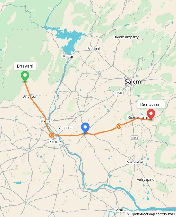 Route map showing distance and travel time from Bhavani, India to Rasipuram, India