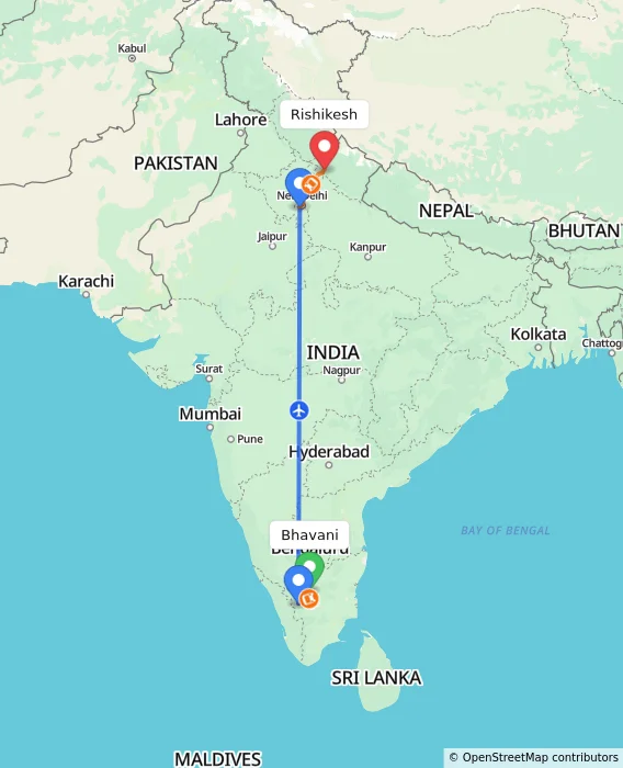 Route map showing distance and travel time from Bhavani, India to Rishikesh, India