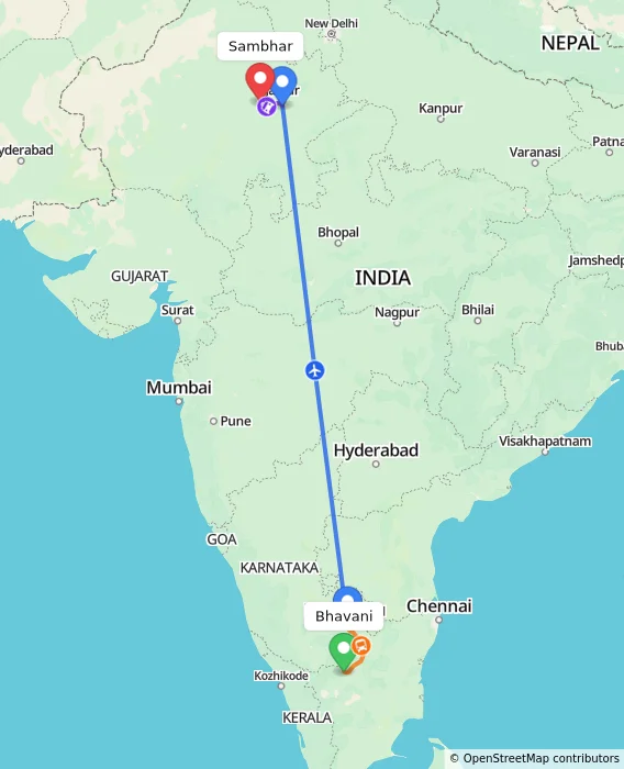 Route map showing distance and travel time from Bhavani, India to Sambhar, India